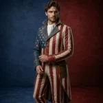 Men’s Patriotic Leather Costume, USA Flag Jacket Outfit, Colonial Tailcoat, 4th of July Cosplay, Revolutionary War Style