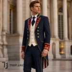 Men’s Patriotic Officer Suit, Navy Tailcoat Jacket, Gold Embroidered Formal Costume