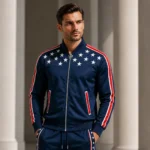 Men’s Patriotic Tracksuit, Navy USA Flag Jacket and Jogger Set, 4th of July Outfit, Stars Stripes Activewear