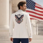 Men’s Patriotic Wedding Blazer, White USA Flag Jacket, 4th of July Formal Suit Coat