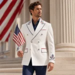 Men’s Patriotic White Blazer, USA Flag Embroidered Suit Jacket, 4th of July Parade Outfit