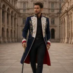 Men’s Regal Prince Coat, Navy Gold Embroidered Tailcoat, Ceremonial Wedding Jacket