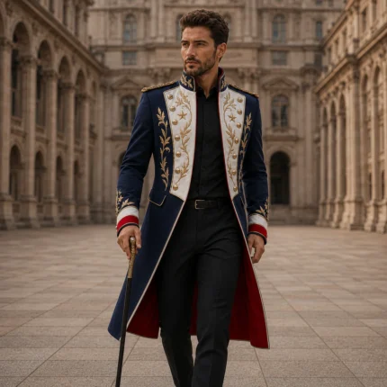 Men’s Regal Prince Coat, Navy Gold Embroidered Tailcoat, Ceremonial Wedding Jacket