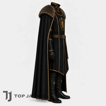 Mens Royal Commander Costume, Medieval Knight Cape, Black Gold LARP Cosplay Outfit