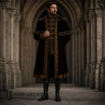 Mens Royal Court Costume, Black Gold Embroidered Long Coat, Medieval Nobleman Cosplay Outfit