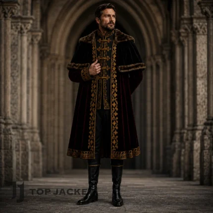 Mens Royal Court Costume, Black Gold Embroidered Long Coat, Medieval Nobleman Cosplay Outfit
