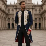 Men’s Royal Guard Jacket, Navy Military Parade Coat, Gold Embroidery Tailcoat Costume