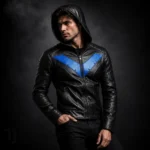 Mens Superhero Leather Jacket, Black Blue Hooded Cosplay Hoodie, Biker Motorcycle Costume Coat