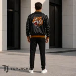 Mens Tiger Graphic Bomber Jacket, Black Satin Varsity Jacket, Japanese Sukajan Style Jacket