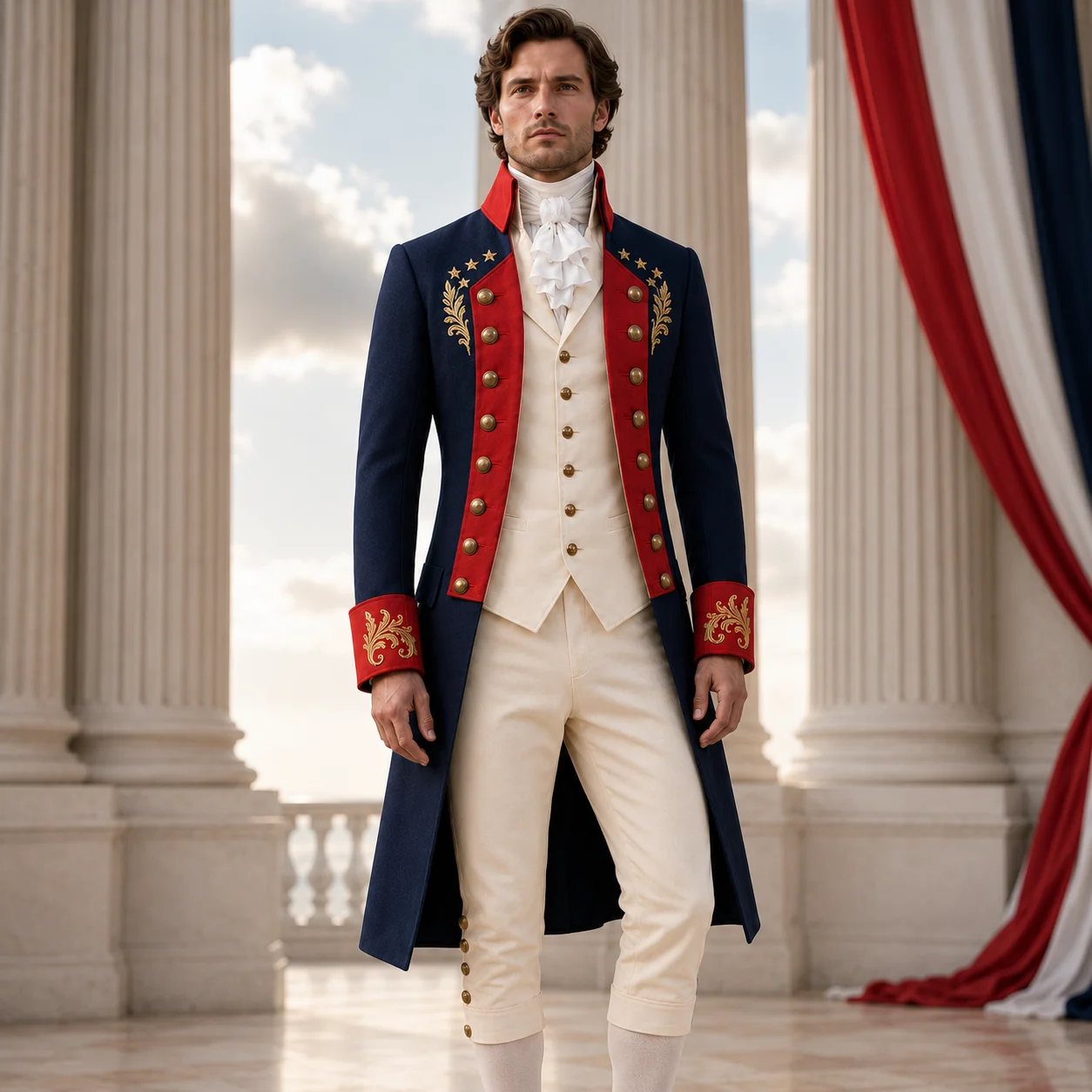 Menβs USA Colonial Costume, Red White Blue Historical Coat, 4th of July Formal Outfit Menβs USA Colonial Costume, Red White Blue Historical Coat, 4th of July Formal Outfit