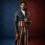 Men’s USA Flag Costume Coat, Patriotic Leather Jacket, Colonial Soldier Outfit, July 4th Festival Cosplay