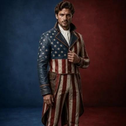 Men’s USA Flag Costume Coat, Patriotic Leather Jacket, Colonial Soldier Outfit, July 4th Festival Cosplay