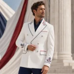 Men’s USA Parade Blazer, White Military Style Suit Jacket, Patriotic Independence Day Coat
