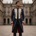 Men’s Victorian Officer Tailcoat, Navy White Gold Military Jacket, Formal Stage Costume