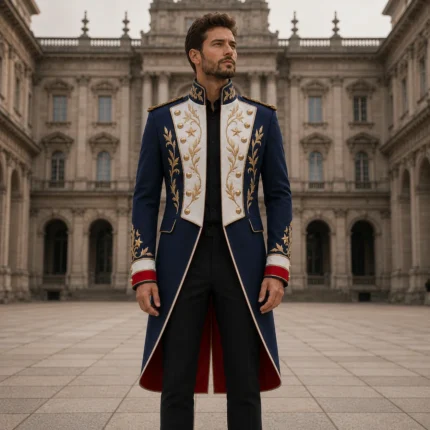 Men’s Victorian Officer Tailcoat, Navy White Gold Military Jacket, Formal Stage Costume