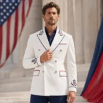 Men’s White Patriotic Suit Jacket, American Flag Embroidered Blazer, USA Parade Day Outfit