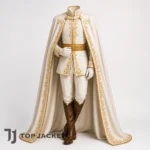 Mens White Royal Prince Costume, Gold Embroidered Cape Outfit, Ivory Fairytale Wedding Suit, Regal Cosplay Attire