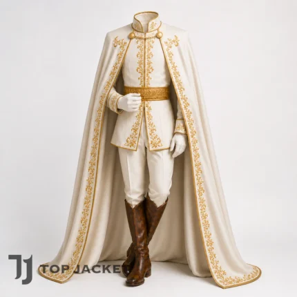 Mens White Royal Prince Costume, Gold Embroidered Cape Outfit, Ivory Fairytale Wedding Suit, Regal Cosplay Attire