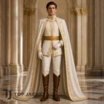 Mens White Royal Prince Outfit, Gold Embroidered Cape Costume, Fairytale Wedding Suit, Fantasy Cosplay