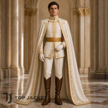 Mens White Royal Prince Outfit, Gold Embroidered Cape Costume, Fairytale Wedding Suit, Fantasy Cosplay