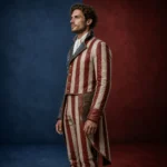 Vintage USA Patriotic Outfit, Men’s Flag Print Tailcoat, Colonial Costume Jacket, Independence Day Cosplay