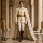 White Prince Costume Men, Royal Wedding Cape Outfit, Gold Embroidered Fantasy Suit, Regal Cosplay Attire