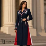 Women Navy Military Coat, Patriotic Red White Panel Jacket, Belted Eagle Embroidered Coat
