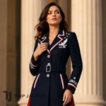 Women Navy Patriotic Coat, Eagle Embroidered Military Jacket, Red White Longline Coat