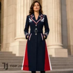 Women Navy Red White Coat, Patriotic Military Long Jacket, Eagle Embroidered Statement Coat