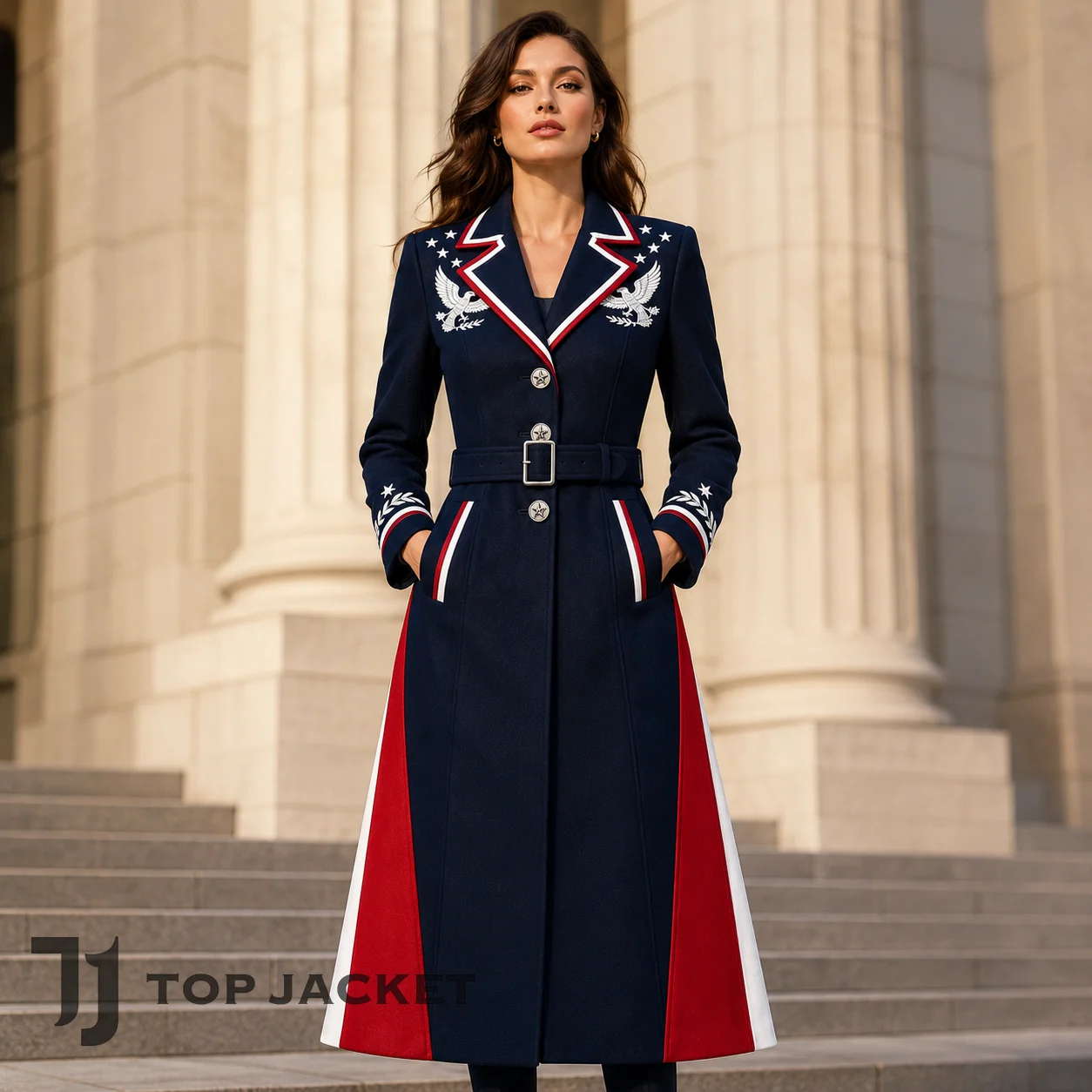 Women Navy Red White Coat, Patriotic Military Long Jacket, Eagle Embroidered Statement Coat Women Navy Red White Coat, Patriotic Military Long Jacket, Eagle Embroidered Statement Coat