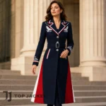 Women Patriotic Belted Coat, Navy Longline Military Jacket, Eagle Stars Embroidered Coat