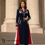 Women Patriotic Long Coat, Navy Red White Military Style Jacket, Eagle Embroidered Coat