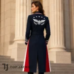 Women Patriotic Military Coat, Navy Red White Longline Jacket, Eagle Embroidered Belted Coat