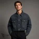 Black Cropped Denim Jacket Men, Oversized Jean Trucker Coat, Vintage Wash Boxy Jacket, Y2K Grunge Streetwear