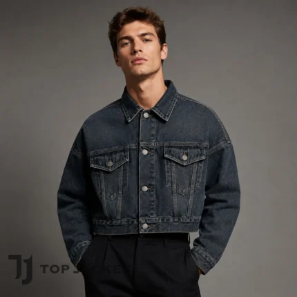 Black Cropped Denim Jacket Men, Oversized Jean Trucker Coat, Vintage Wash Boxy Jacket, Y2K Grunge Streetwear