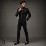 Black Cropped Hussar Jacket for Men, Gold Braid Military Officer Coat, Gothic Victorian Band Leader Costume, Custom Made
