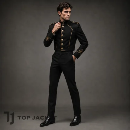Black Cropped Hussar Jacket for Men, Gold Braid Military Officer Coat, Gothic Victorian Band Leader Costume, Custom Made