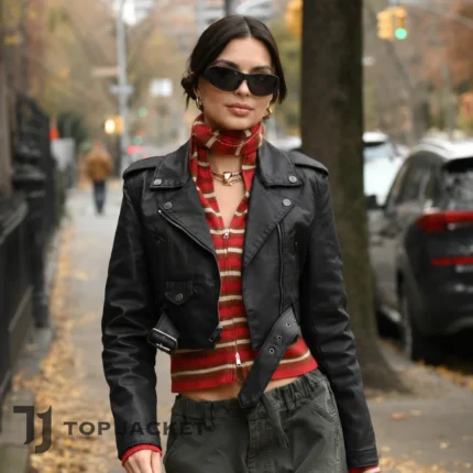 Black Cropped Leather Motorcycle Jacket, Women Moto Biker Coat, Emily Ratajkowski Inspired Street Style