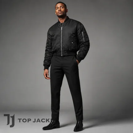 Black Cropped MA-1 Bomber Jacket Men, Short Flight Jacket, Nylon Military Aviator Coat, Modern Y2K Streetwear Outerwear