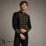 Black and Gold Military Crop Jacket for Men, Gothic Drummer Parade Coat, Steampunk Ringmaster Blazer, Custom Stage Costume
