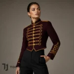 Burgundy Hussar Military Jacket for Women, Cropped Gold Braid Officer Coat, Marching Band Victorian Costume