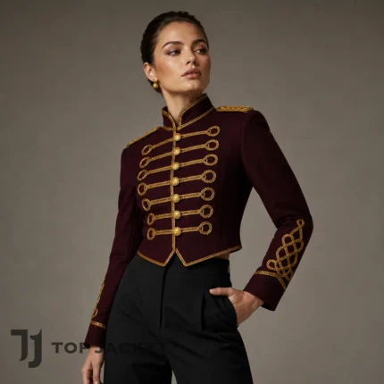 Burgundy Hussar Military Jacket for Women, Cropped Gold Braid Officer Coat, Marching Band Victorian Costume