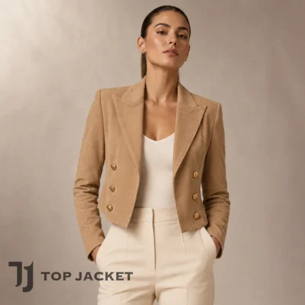 Carly Shay Inspired Sand Cropped Blazer, Women Faux Suede Jacket, Beige Double Breasted Crop Coat