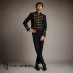 Cropped Marching Band Jacket for Men, Black Gold Military Parade Blazer, Gothic Steampunk Prince Costume, Handmade Officer Coat