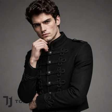 Cropped Military Parade Jacket Men, Black Braided Officer Coat, Short Band Jacket, Gothic Tailored Coat