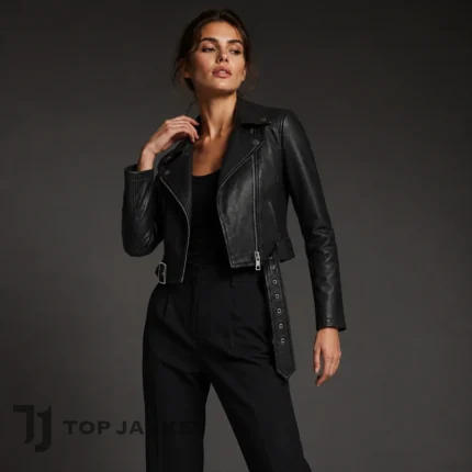 Demi Moore SF Film Awards Cropped Moto Jacket, Women Black Leather Biker Jacket, GapStudio Inspired Coat