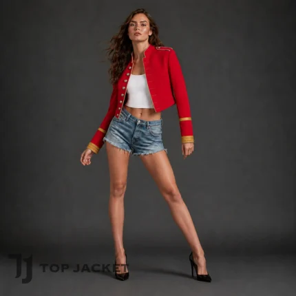Dua Lipa Celebrity Inspired Red Crop Jacket, Women Military Parade Jacket, Gold Trim Cropped Fashion Coat