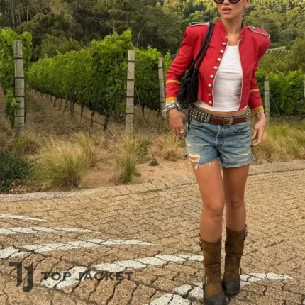 Dua Lipa Women Red Military Crop Jacket, Gold Braid Parade Jacket, Cropped Band Collar Costume Jacket