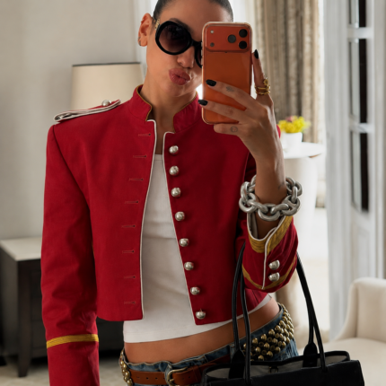 Dua Lipa Women Red Parade Crop Jacket, Cropped Military Jacket, Gold Trim Band Jacket, Statement Fashion Coat