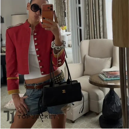 Dua Lipa Women Red Parade Crop Jacket, Cropped Military Jacket, Gold Trim Band Jacket, Statement Fashion Coat
